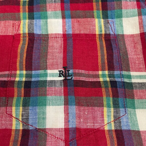 Lauren Ralph Lauren Shirt Women Sz Large 100% Linen Red Plaid Button Up Roll Tab - Picture 8 of 16